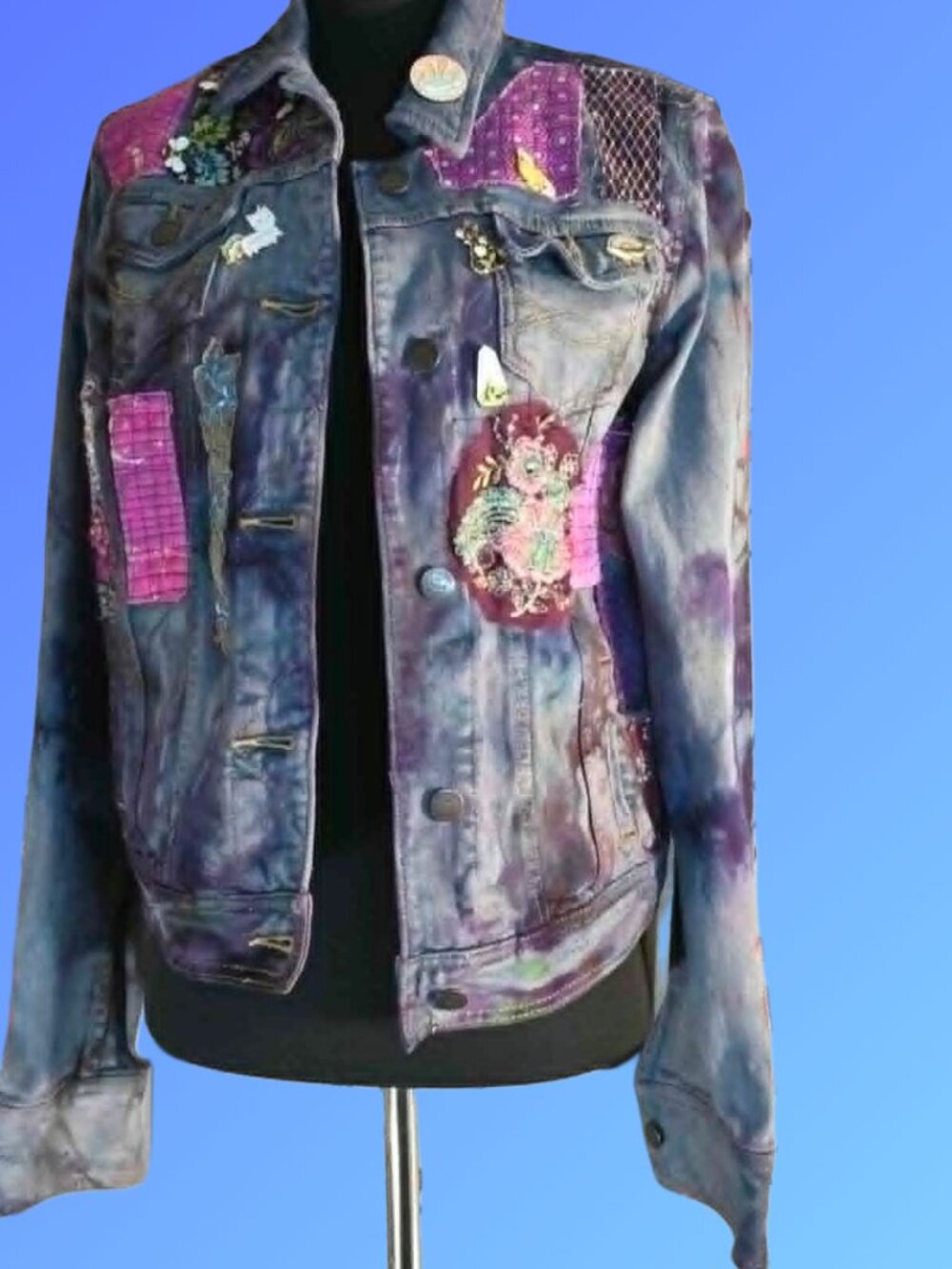 Custom Ice Dyed Denim Jacket Women's Medium | Abercrombie Midnight Garden Boro